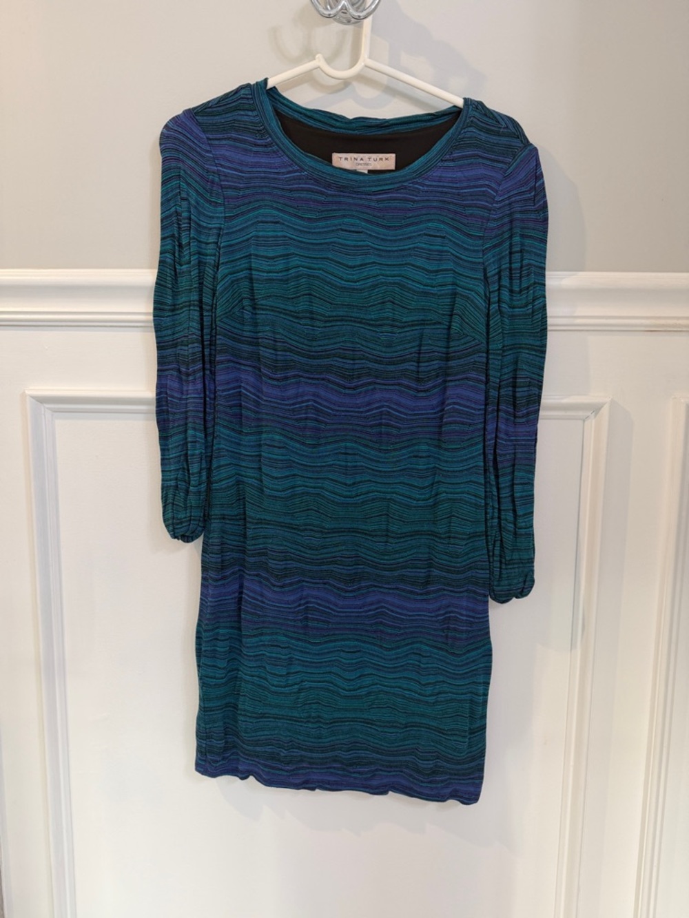 Trina Turk Teal & Navy Wave-Stripe Long Sleeve Shift Dress
